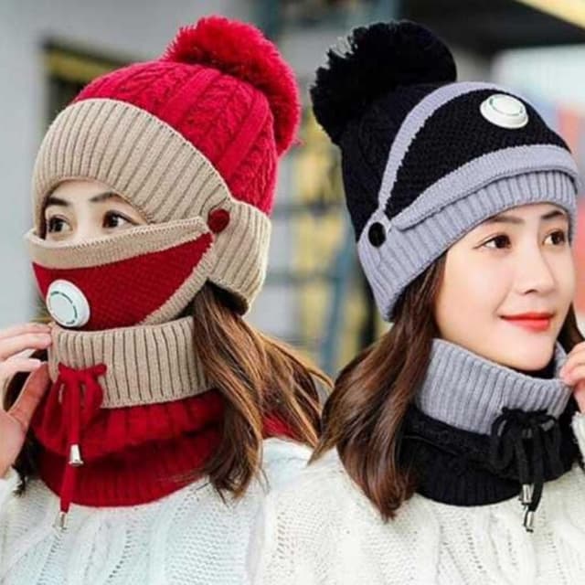 3 in 1 Winter Hat Scarf Set, Girls Knit Beanie Scarf Hat