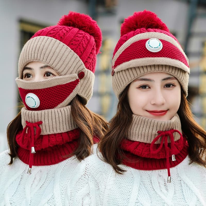 3 in 1 Winter Hat Scarf Set, Girls Knit Beanie Scarf Hat
