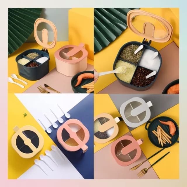 Modern Design 4 Grids Seasoning Box/Masala Box with Transparent Lid & 4 Ser