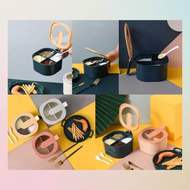 Modern Design 4 Grids Seasoning Box/Masala Box with Transparent Lid & 4 Ser