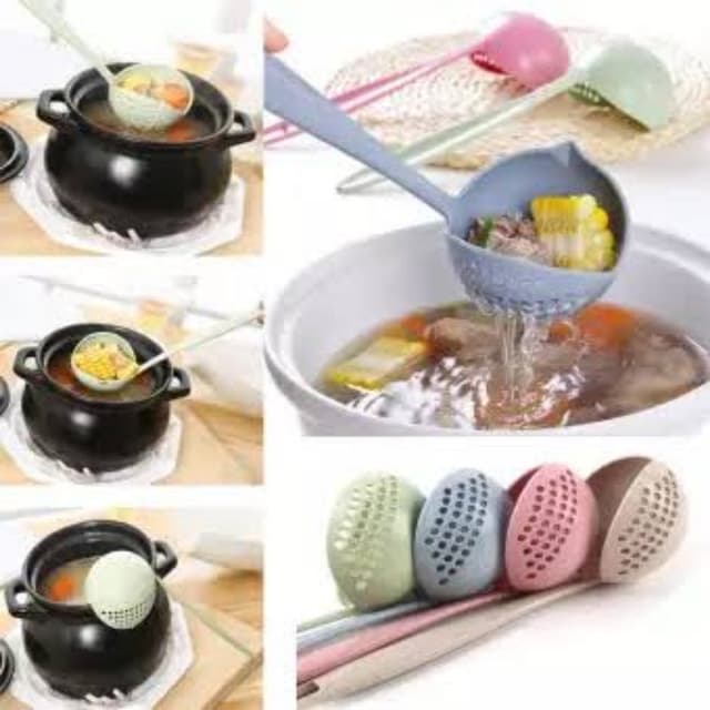 2 in 1 Long Handle Soup Spoon Home Strainer Creative Wheat Straw Cooking Co